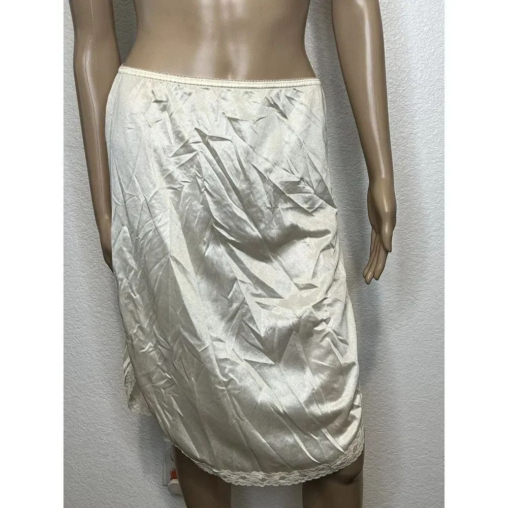 VINTAGE SLIP SKIRT LINGERIE SILKY BEIGE DOUBLE SLITS by MEL LIN sz S